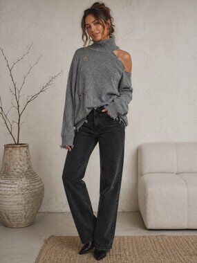 Lovers + Friends Arlington Sweater Gray Distressed One-Shoulder Cutout Size S